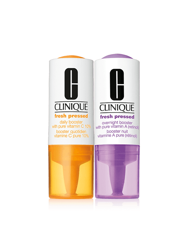 Clinique Fresh Pressed Clinical™ Daily and Overnight Boosters With Pure Vitamins C 10% + A (Retinol), Unser frischestes, kraftvollstes Tag-und-Nacht Booster System.