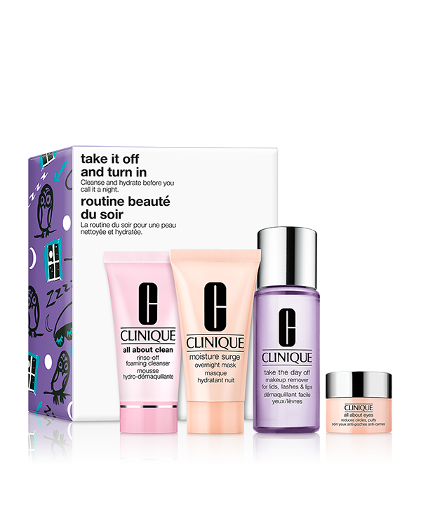 Bedtime Basics, Ein mehrteiliges Hautpflege-Set für die nächtliche Anwendung, das die Haut reinigt und hydratisiert.