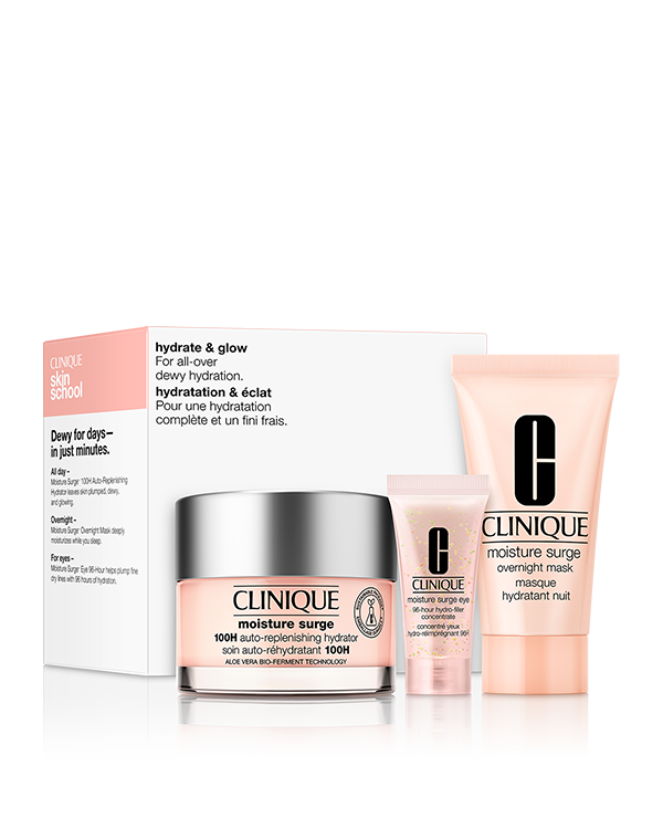 Hydration &amp; Glow Set A, Ihr Set für die optimale Versorgung mit Feuchtigkeit für die Nacht, den Tag &amp; die empfindliche Augenpartie bestehend aus unseren Moisture Surge Bestsellern.
