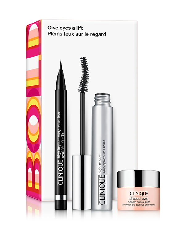 Give Eyes A Lift Gift Set, Ein exklusives Augenpflegeset mit einer High Impact Zero Gravity™ Mascara und High Impact Easy Liquid Liner™ in Originalgröße, sowie der All About Eyes™ Augencreme in Reisegröße. Im Wert von über 50€.