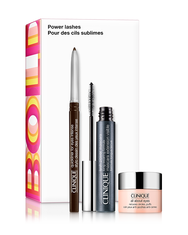Power Lashes Gift Set, Ein augenöffnendes Trio für einen lang anhaltenden Look inklusive Lash Power™ Mascara und Quickliner™ for Eyes Intense in Originalgröße sowie der All About Eyes™ Augenpflege in Reisegröße. Set im Wert von über 50€.