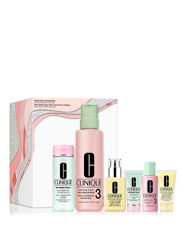 Great Skin Everywhere 3-Step Skincare Set For Oily Skin, Die drei charakteristischen Schritte von Clinique für strahlende Haut - ein Set für zu Hause, eines für unterwegs. Maßgeschneidert für öligere Hauttypen.&lt;br&gt;